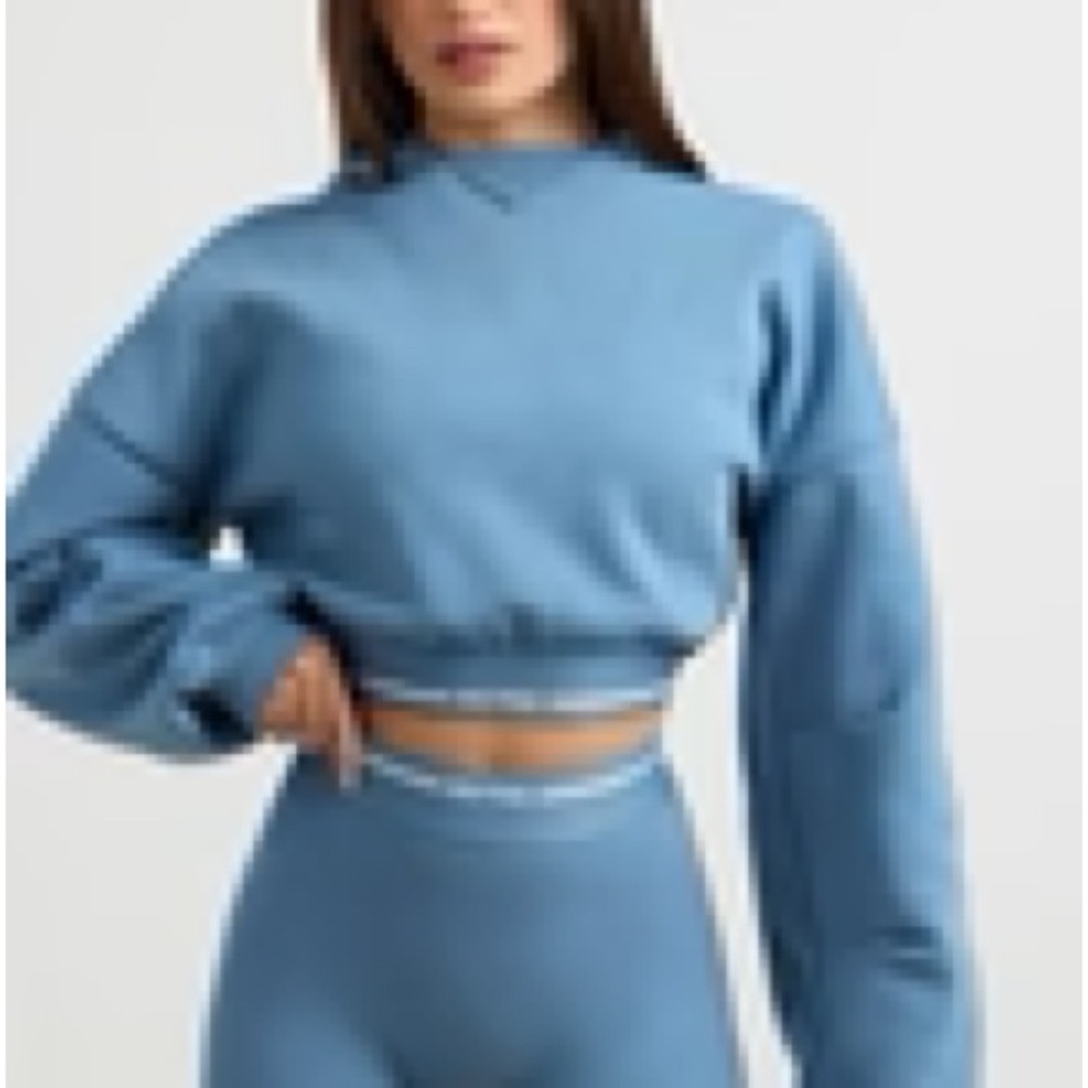 BOO TEE Stretch Cotton Fleece Cropped Hoodie in Steel Blue - Picture 6 of 11